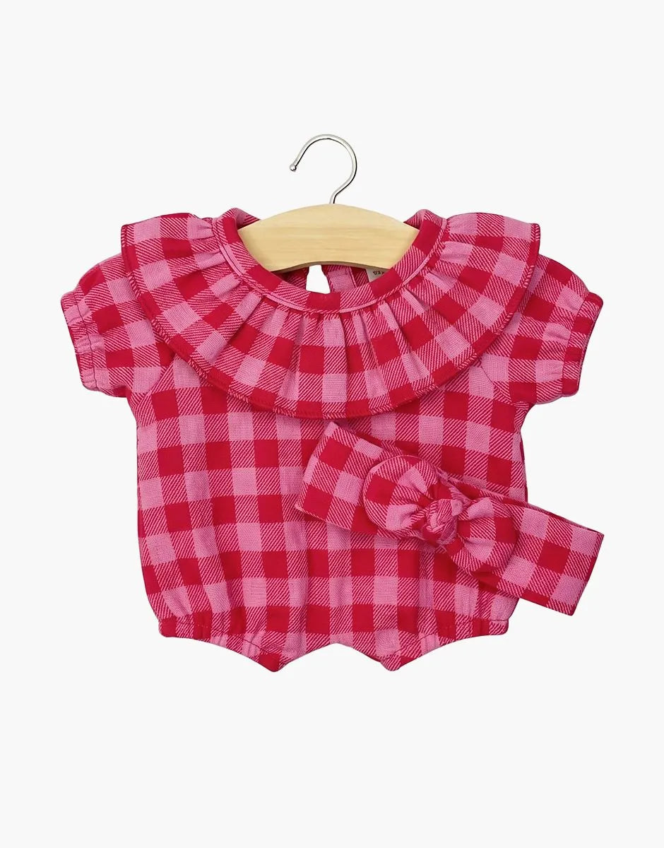 Babies – Barboteuse à collerette Eva et son headband en flanelle Vichy cerise