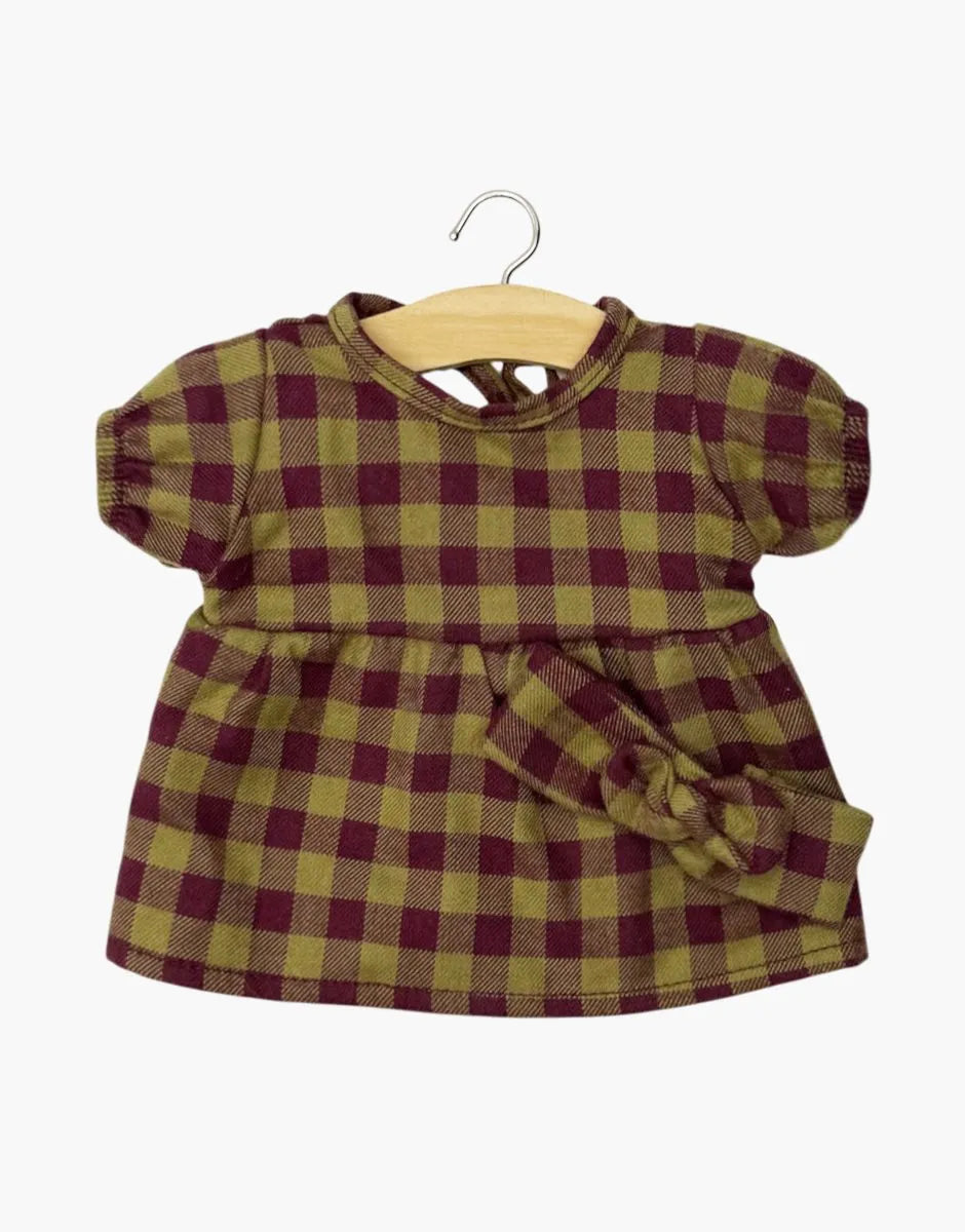 Babies – Robe Faustine et son headband en flanelle  vichy olive/bordeaux