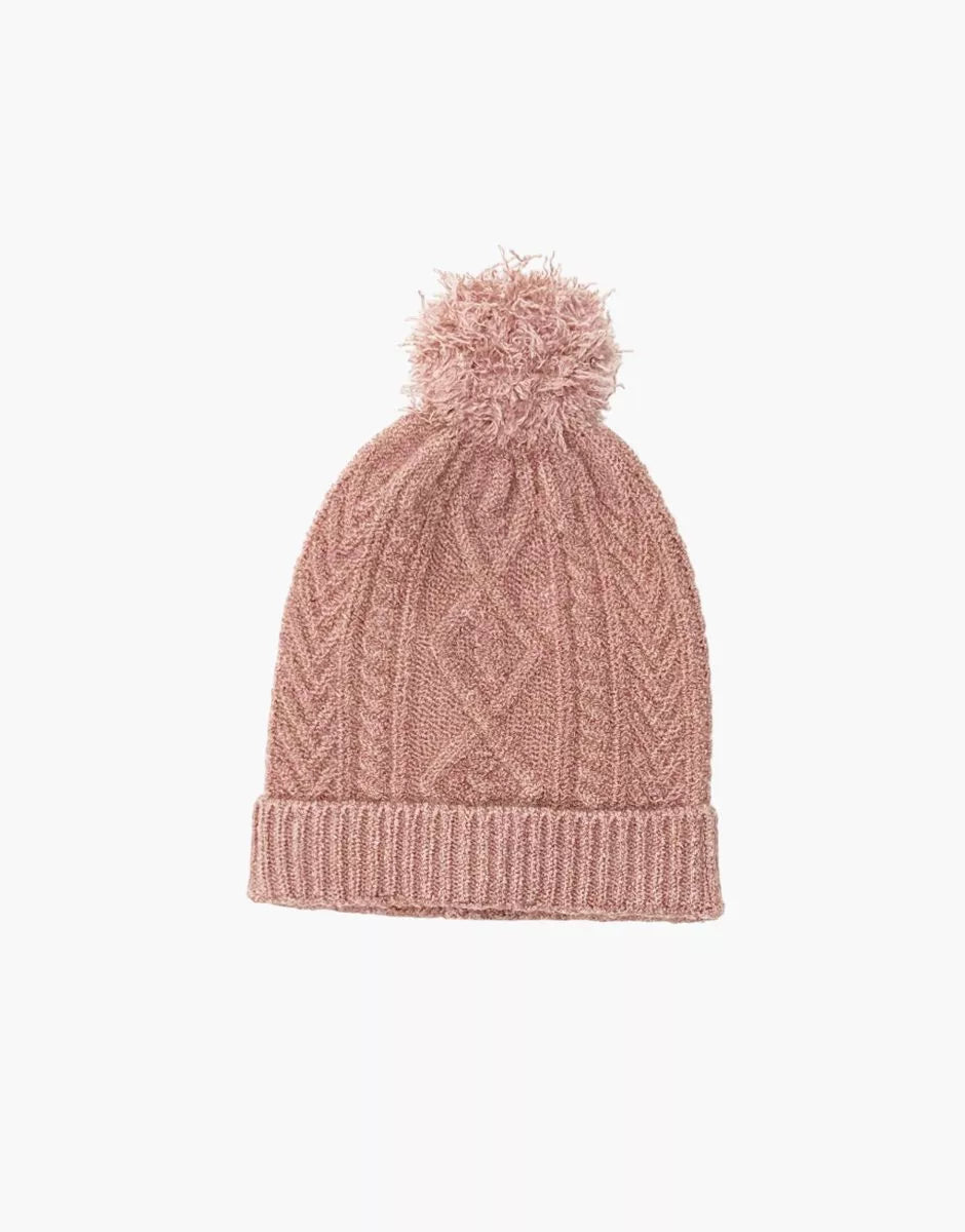 Bonnet Barry en tricot maille torsadée rose thé et son pochon - MINIKANE