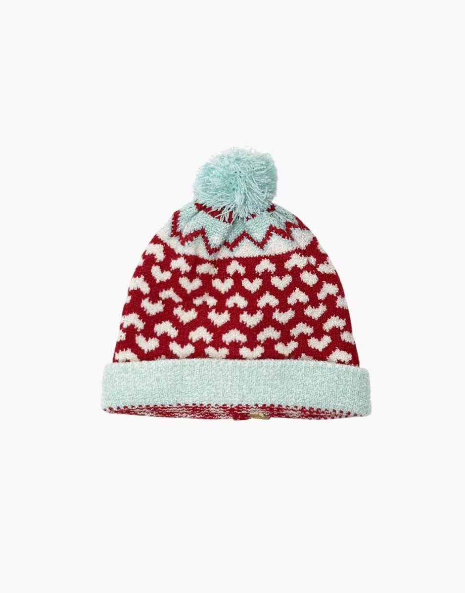 Bonnet Jacquard en tricot rouge / turquoise / blanc avec pompon - MINIKANE