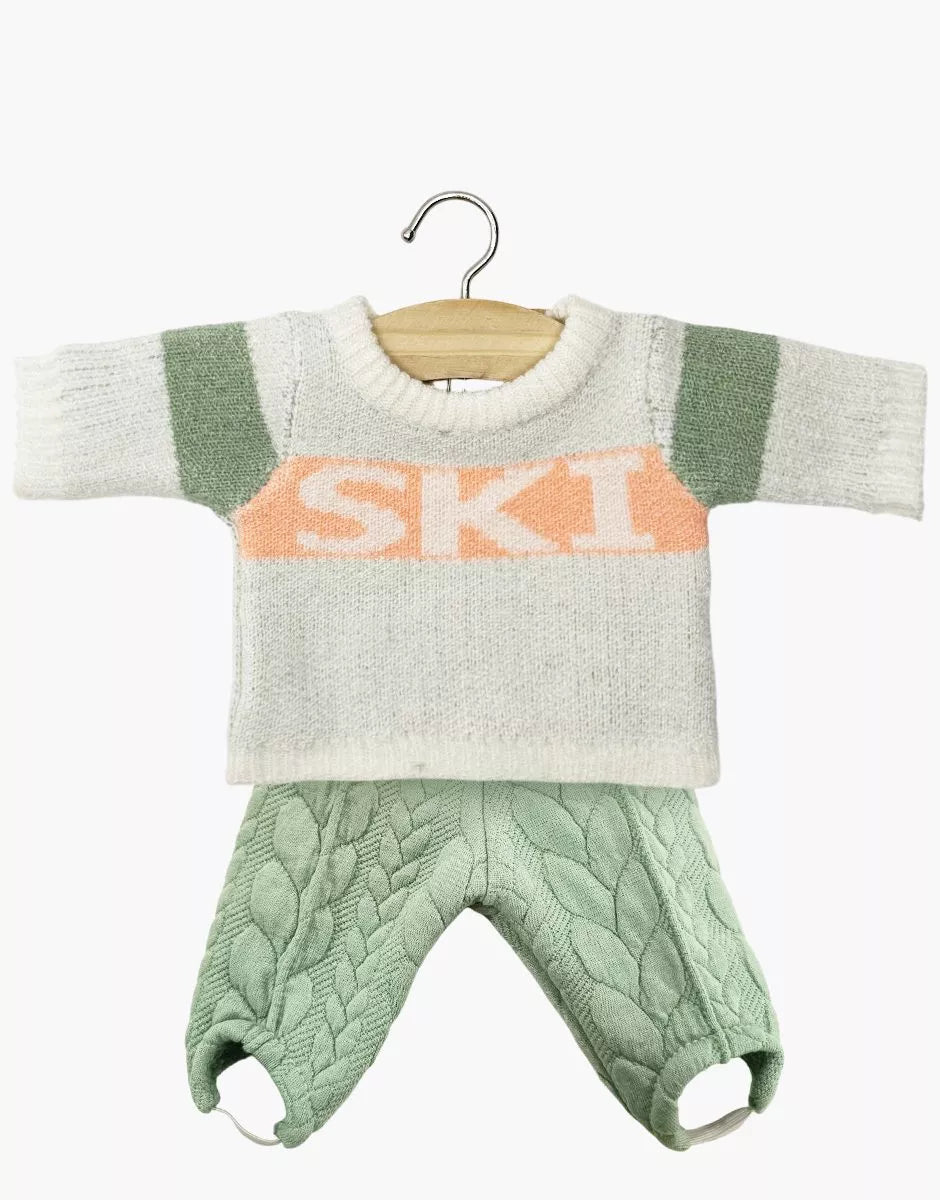 Ensemble pull « SKI » en tricot orange / vert et fuseau Popeye en molleton torsadé eucalyptus - MINIKANE