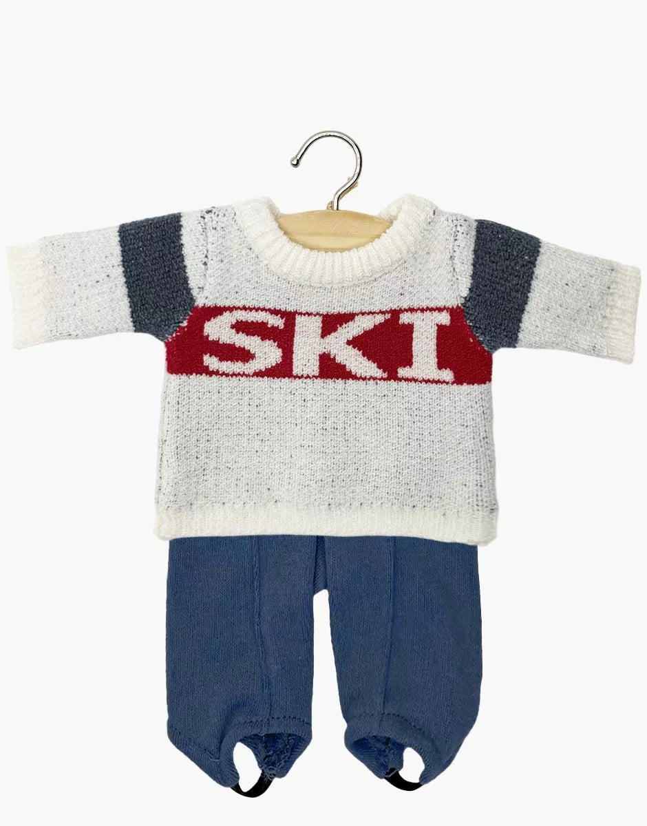 Ensemble pull « SKI » en tricot rouge / bleu et fuseau Popey en jersey chiné denim - MINIKANE