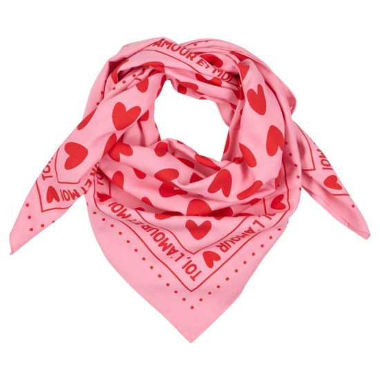 Petit foulard coeur - fond rose / motif rouge
