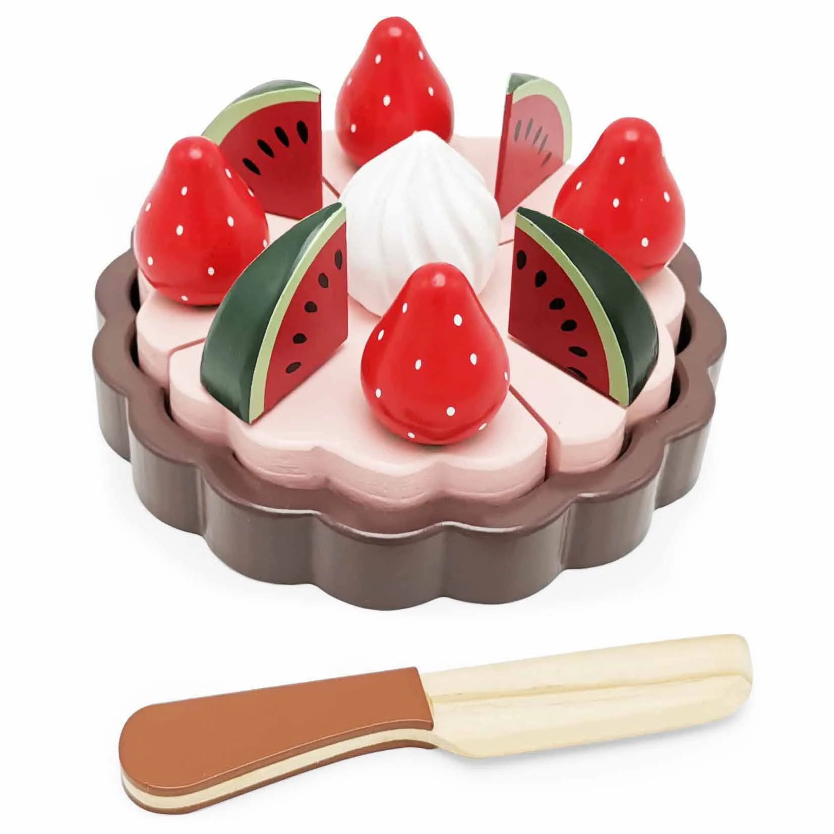 Gâteau aux fruits à découper en bois avec couteau – fraise & pastèque