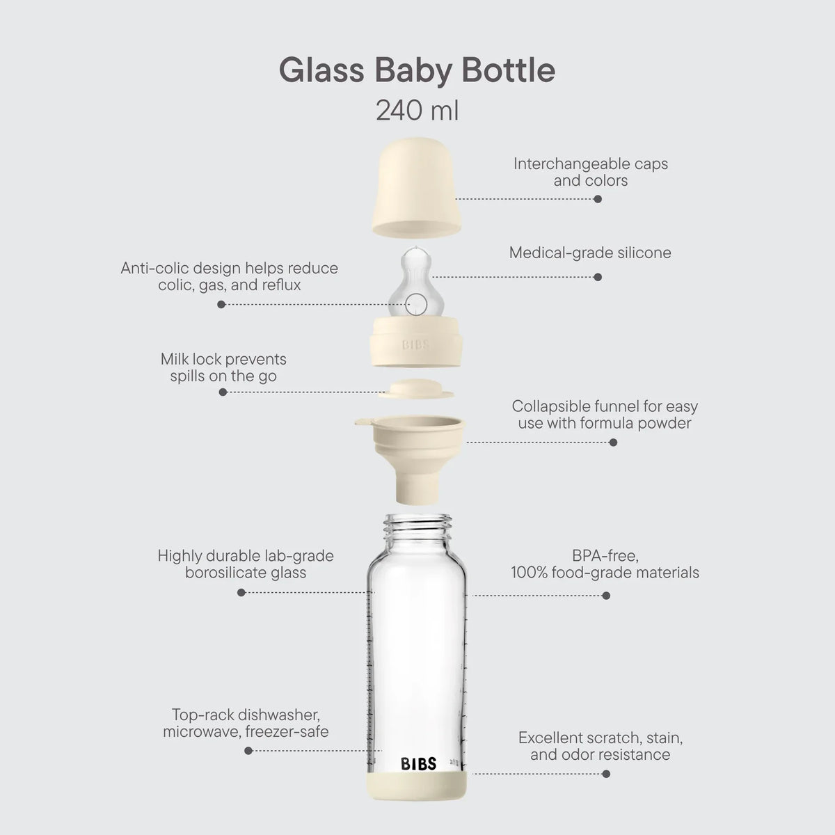 Set de biberons en verre 240ml avec tétine en silicone - Ivory