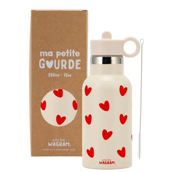 Gourde 350ml crème coeurs rouges