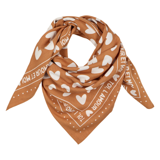 Grand foulard coeur - fond marron / motif blanc