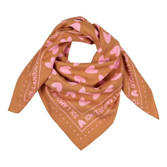 Grand foulard coeur - fond marron / motif rose