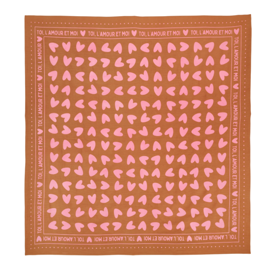 Grand foulard coeur - fond marron / motif rose