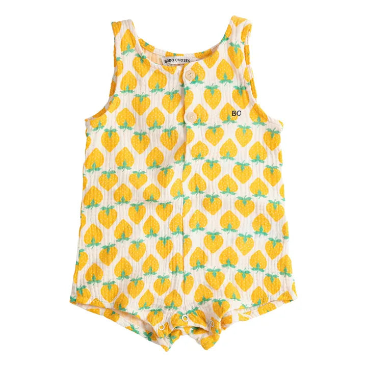 Barboteuse Fraises Gaze de Coton Bio | Ecru - Bobo choses