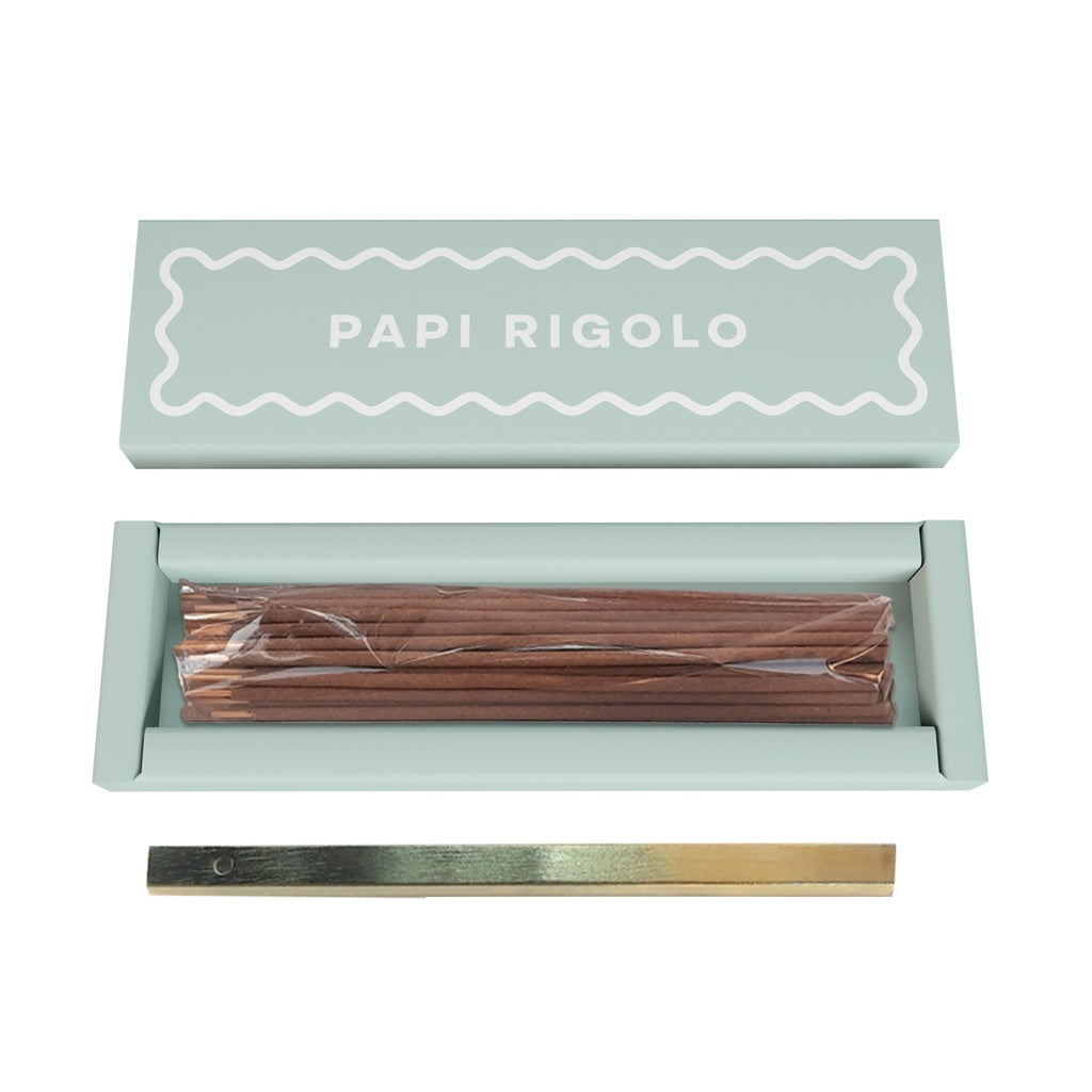 Encens bâtonnets Carezze papi rigolo bleu givré wood sage et sea salt avec support