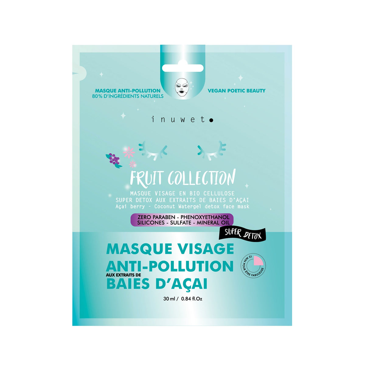 Masque Visage Biocellulose ANTI POLLUTION DETOX BAIES D'ACAI