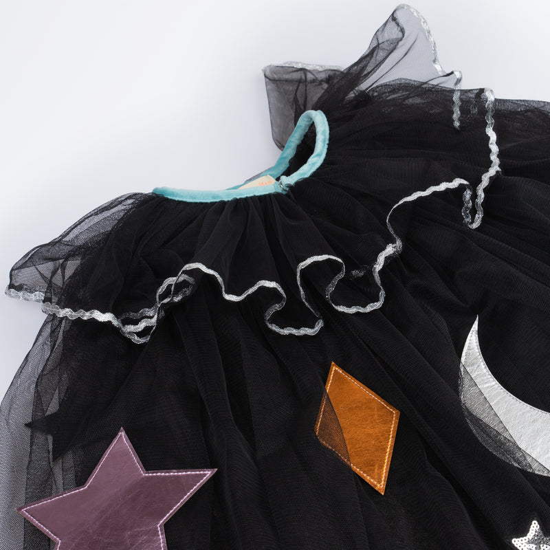 Cape de Sorcière en tulle, motifs simili-cuir, chapeau organdi, baguette 3-6 ans - MERI MERI