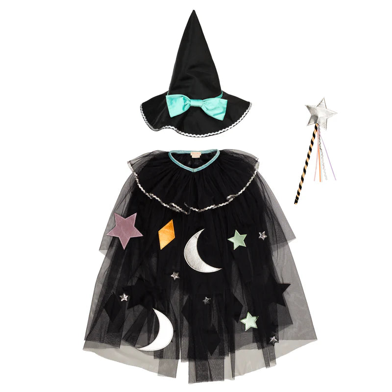 Cape de Sorcière en tulle, motifs simili-cuir, chapeau organdi, baguette 3-6 ans - MERI MERI
