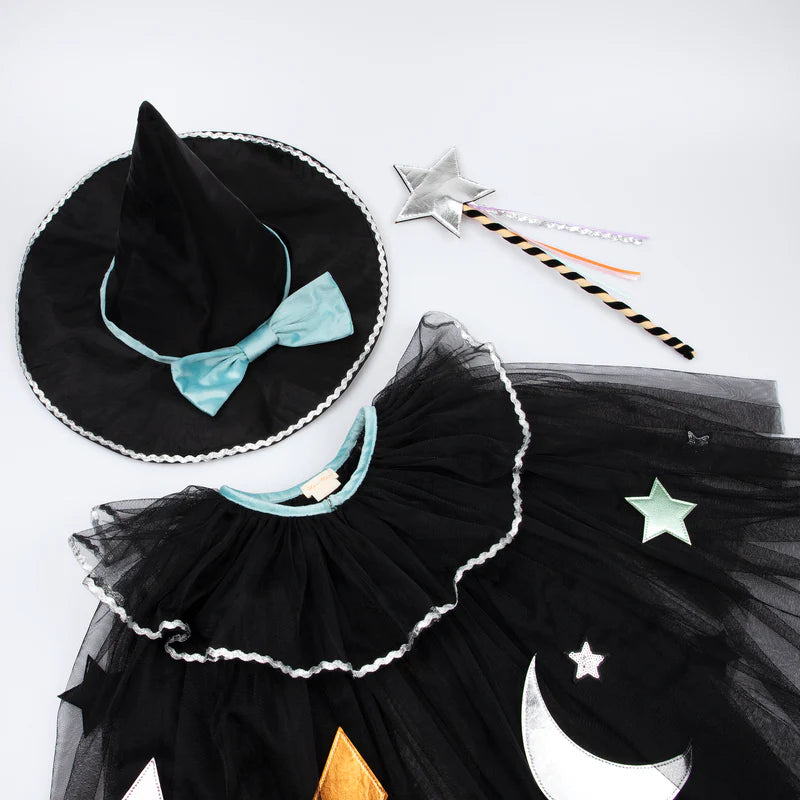 Cape de Sorcière en tulle, motifs simili-cuir, chapeau organdi, baguette 3-6 ans - MERI MERI