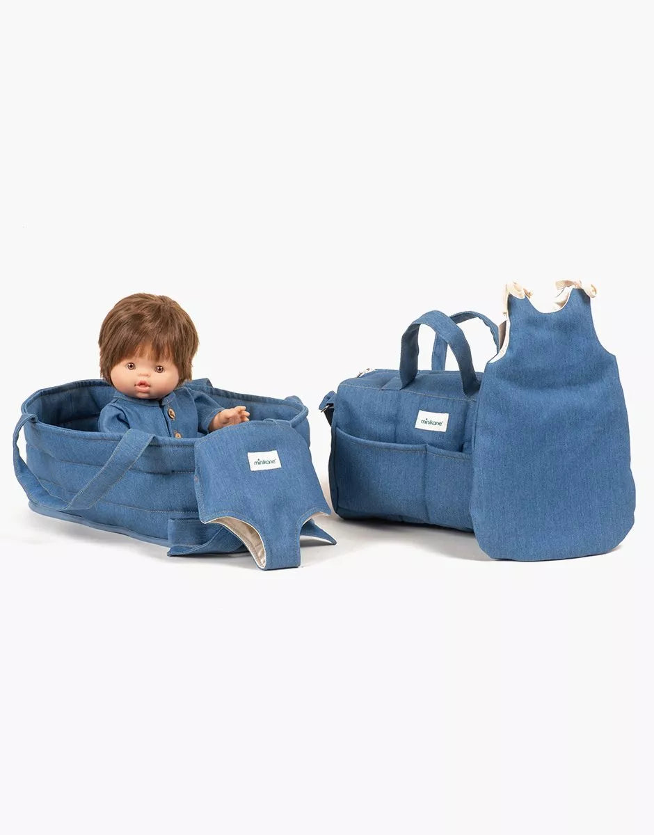 Sac à langer poupée en jean bleu denim