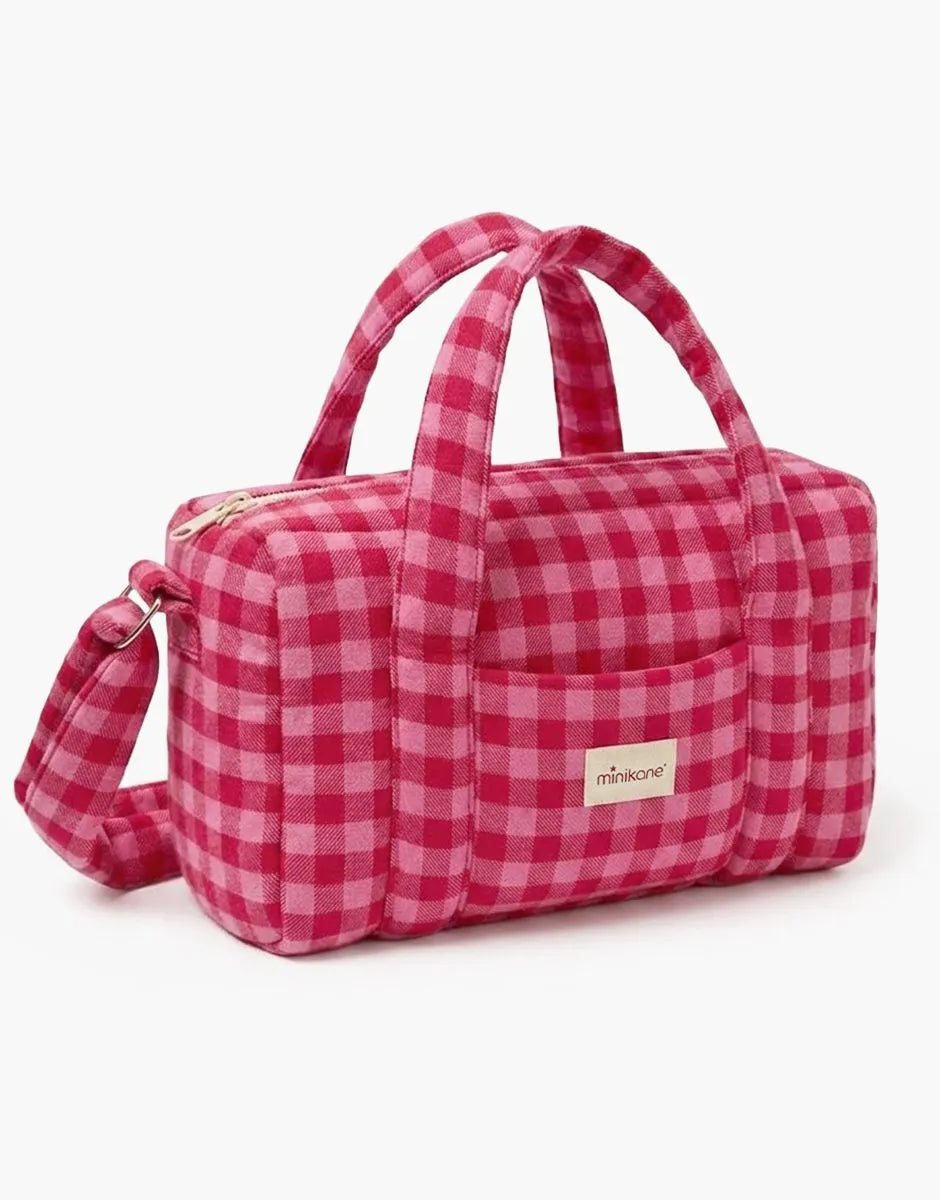 Sac à langer poupée en flanelle Vichy cerise