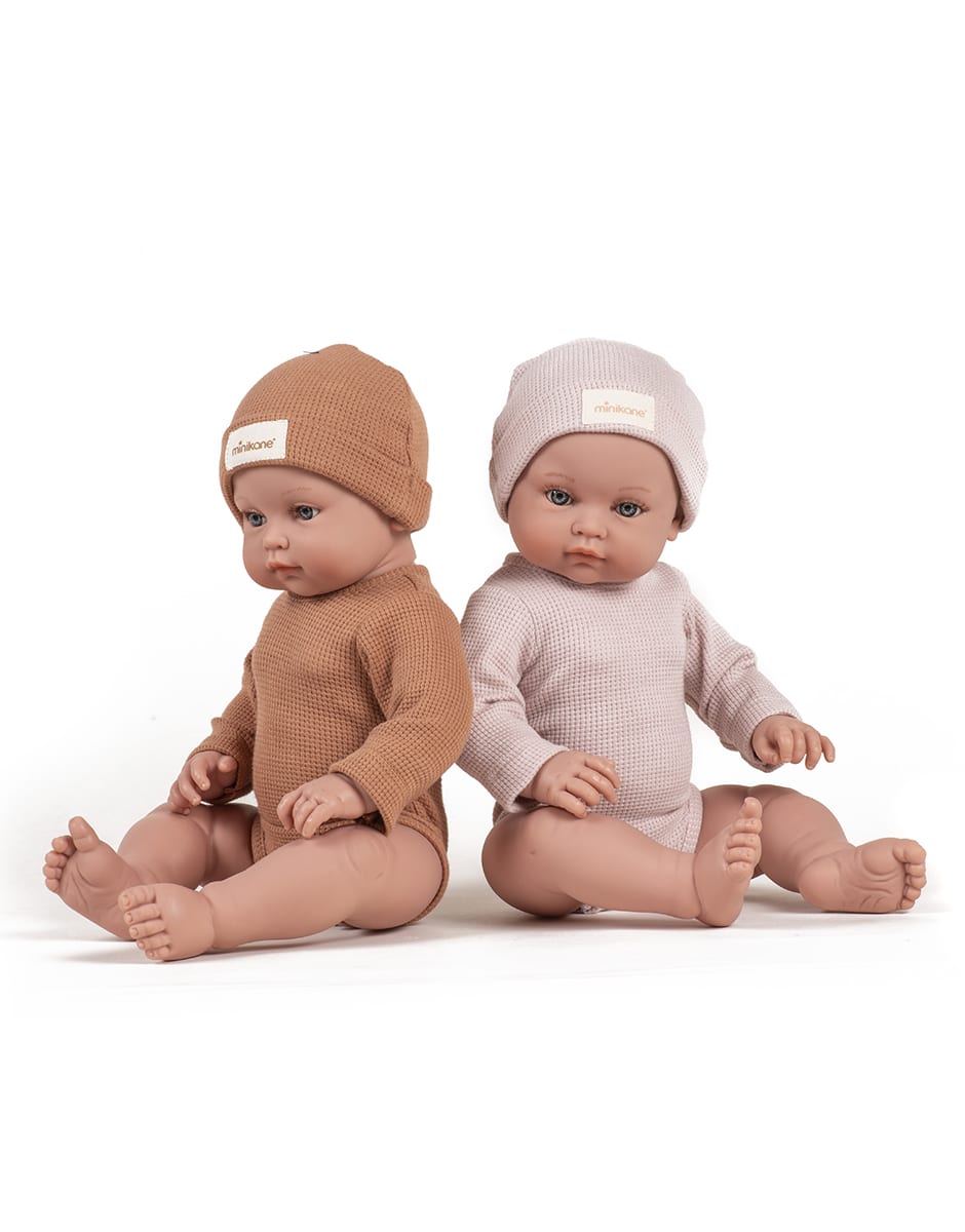 Bambinis - Ensemble body manches longues Andréa et bonnet en nid d’abeille cassonade