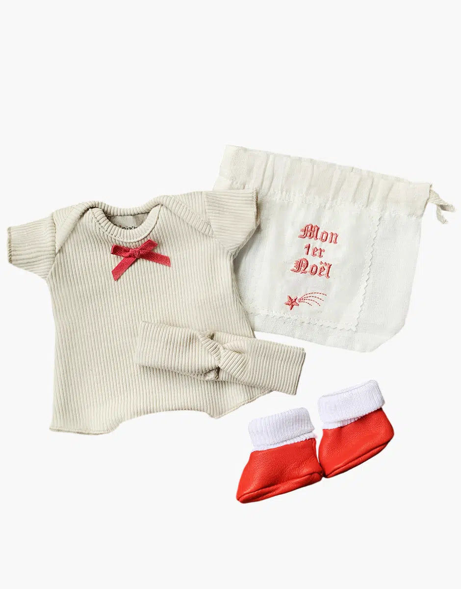 Babies – Ensemble « Mon Premier Noël » avec body shorty / headband en bord côte lin et chaussons rouges