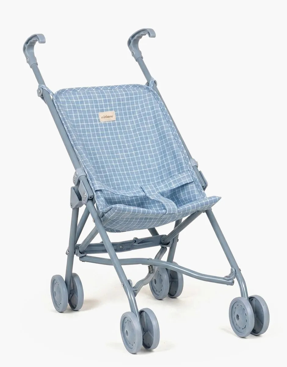 Poussette poupée à volants carreaux bleu sur châssis bleu