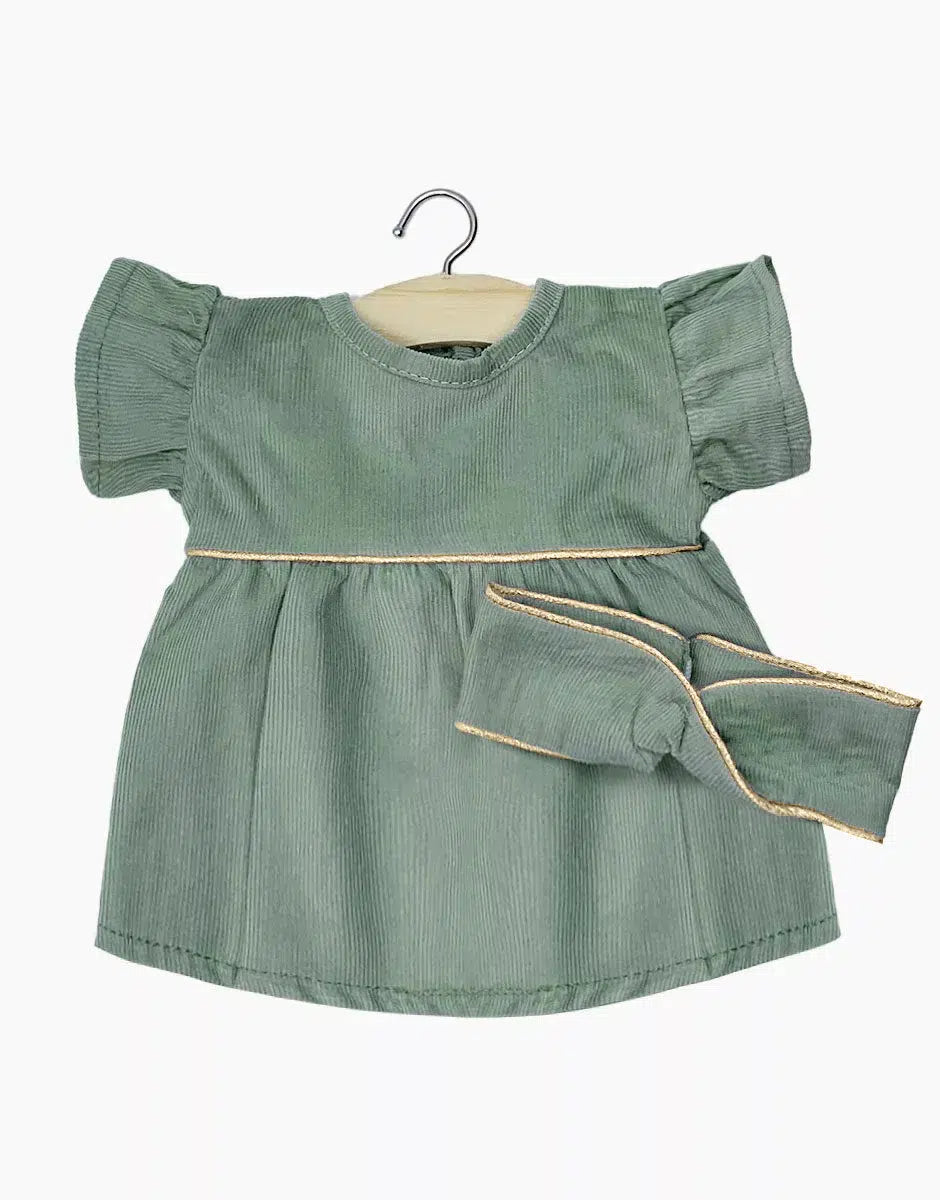 Robe Daisy en milleraies vert sauge et son headband croisé