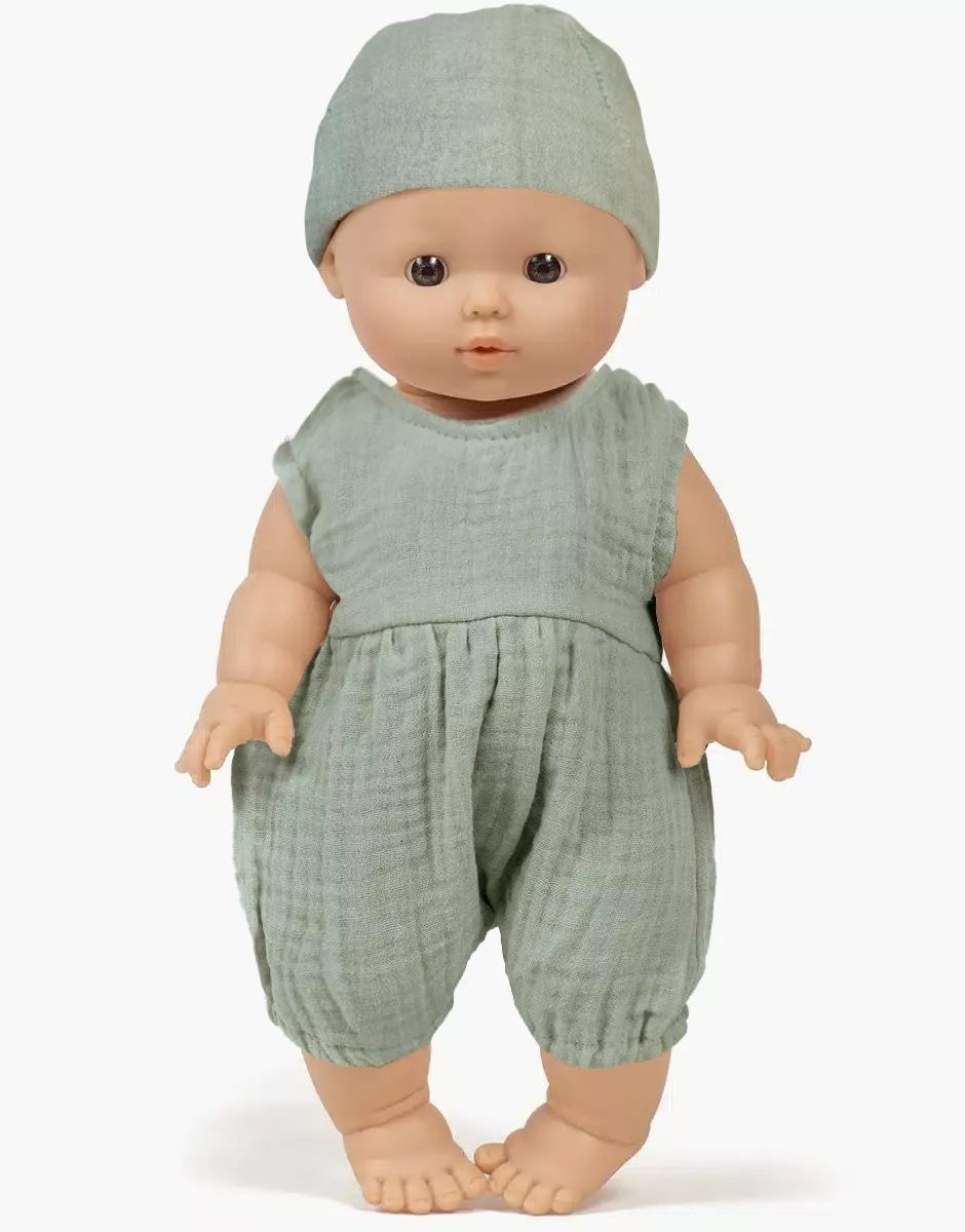 Louis et sa barboteuse Noa en gaze de coton vert Baltiques avec bonnet