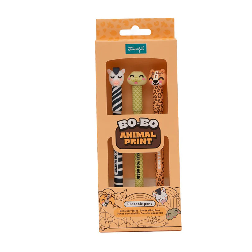 Set de 3 stylos effaçables Bo-Bo animal print - Serpent, Léopard et Zèbre