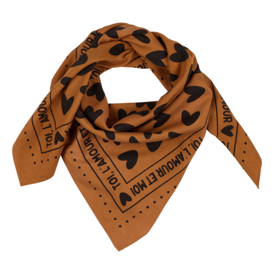 Petit foulard coeur - fond marron / motif noir