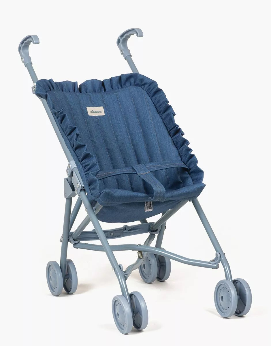 Poussette poupée quiltée à volants jean denim sur châssis bleu