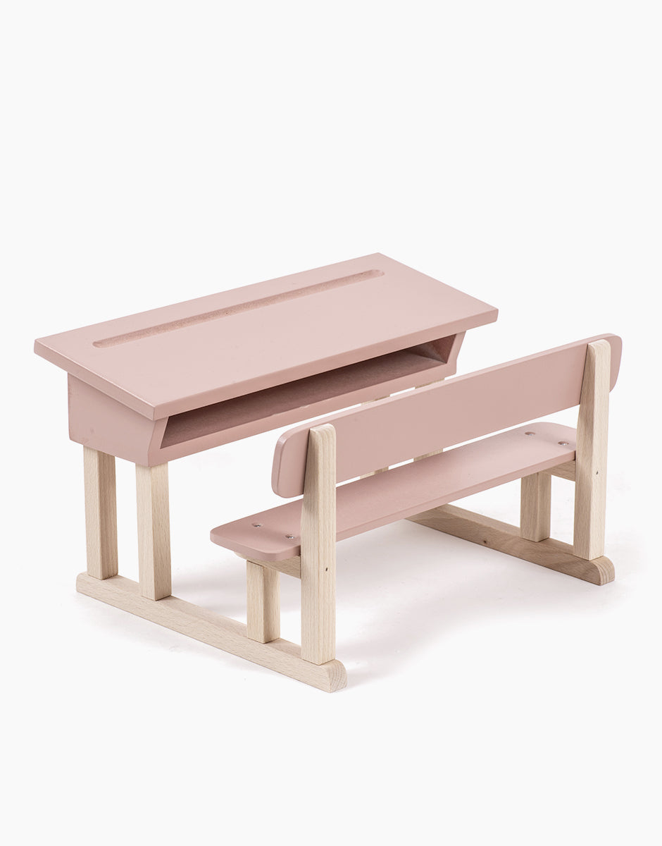 Pupitre d'écolier double pour poupées Minikane en bois rose poudré