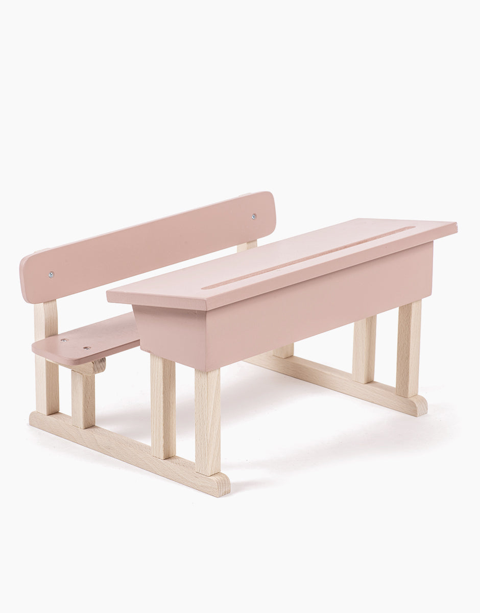 Pupitre d'écolier double pour poupées Minikane en bois rose poudré