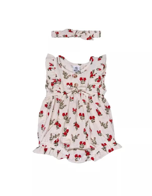 Set barboteuse + bandeau - Fleurs rouges - BB&CO