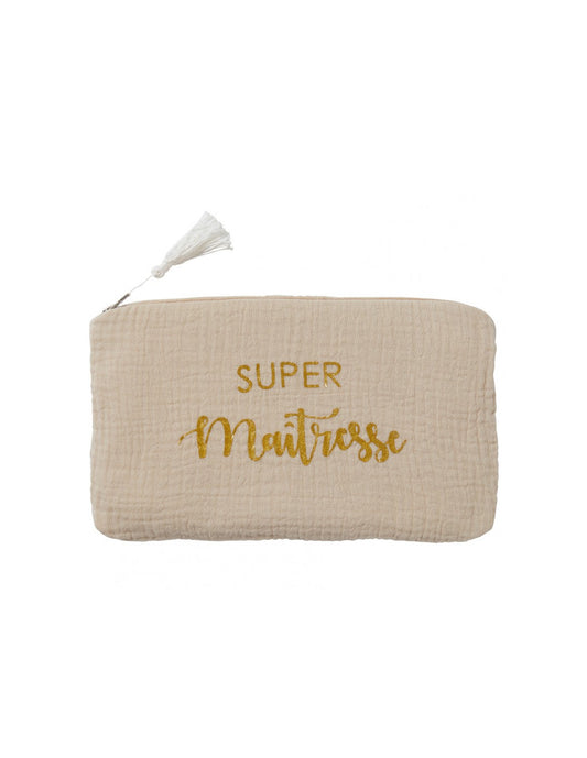 Trousse cadeau zippée "Super maîtresse" gaze de coton - biscuit