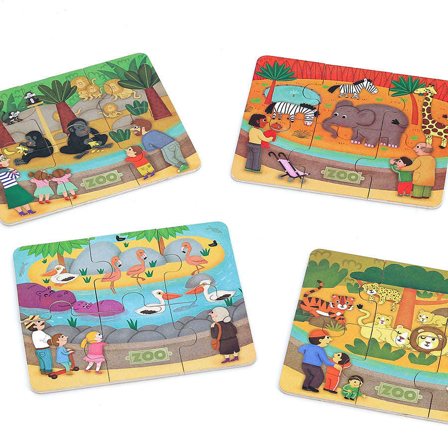 Coffret de 4 puzzles en bois, Les animaux du zoo