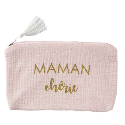 Trousse cadeau zippée "Maman chérie" gaze de coton - blush