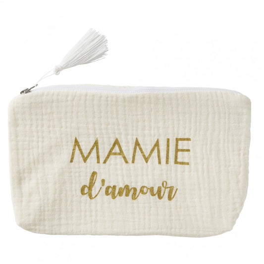 Trousse cadeau zippée "Mamie d'amour" gaze de coton - ivoire